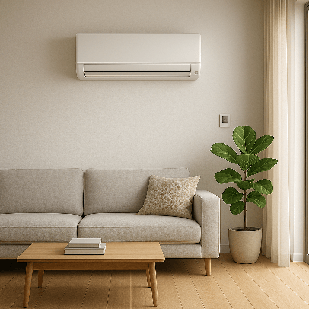 Installierte Split-Klimaanlage in modernem Wohnraum